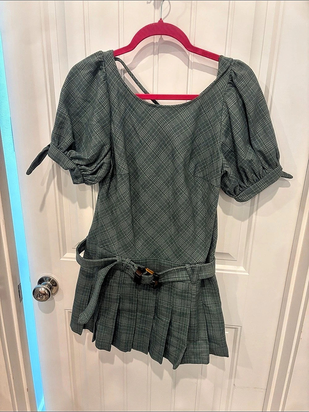 Free People Sevi Plaid Mini Dress Green Houndstooth